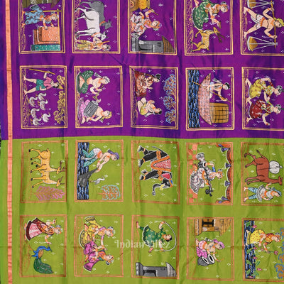 Green Purple Radha Krishna Village Theme Pattachitra Saree