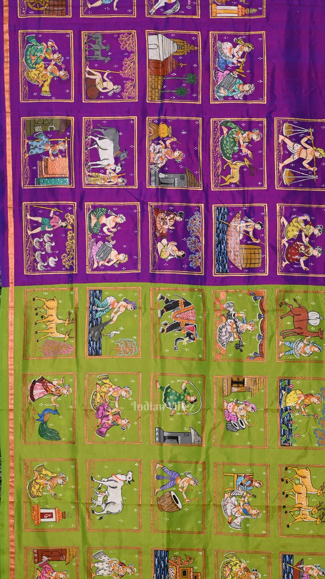 Green Purple Radha Krishna Village Theme Pattachitra Saree