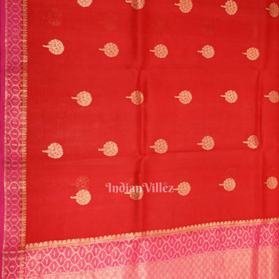 Pure Red Kora Banarasi Tissue Saree With Floral Handwork
