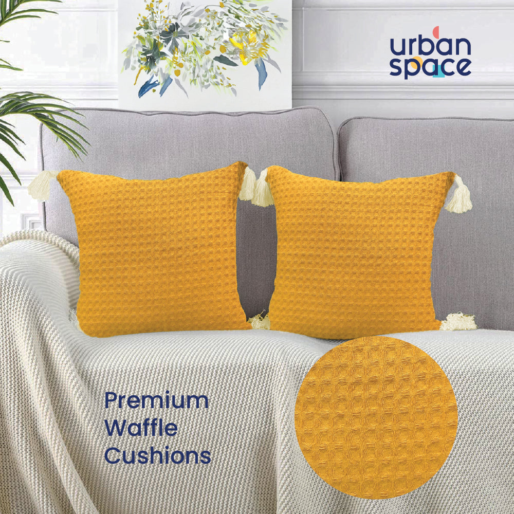 Waffle Cotton Cushion Cover, for Sofa, Bedroom, Living Room - Set of 2 - Waffle Mustard