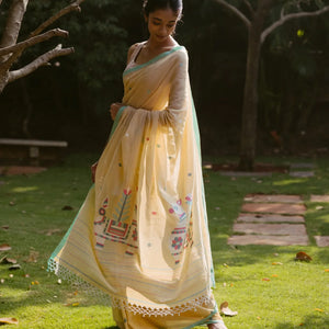Sandal Handloom Bengal Cotton Saree With Jamdnai Llama Motifs in the Pallu