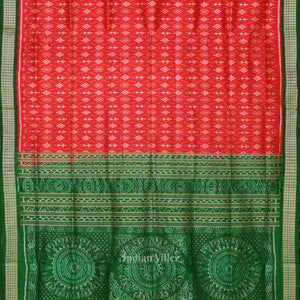 Deep Red Green Tribal Theme Sambalpuri Silk Saree