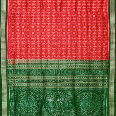 Deep Red Green Tribal Theme Sambalpuri Silk Saree