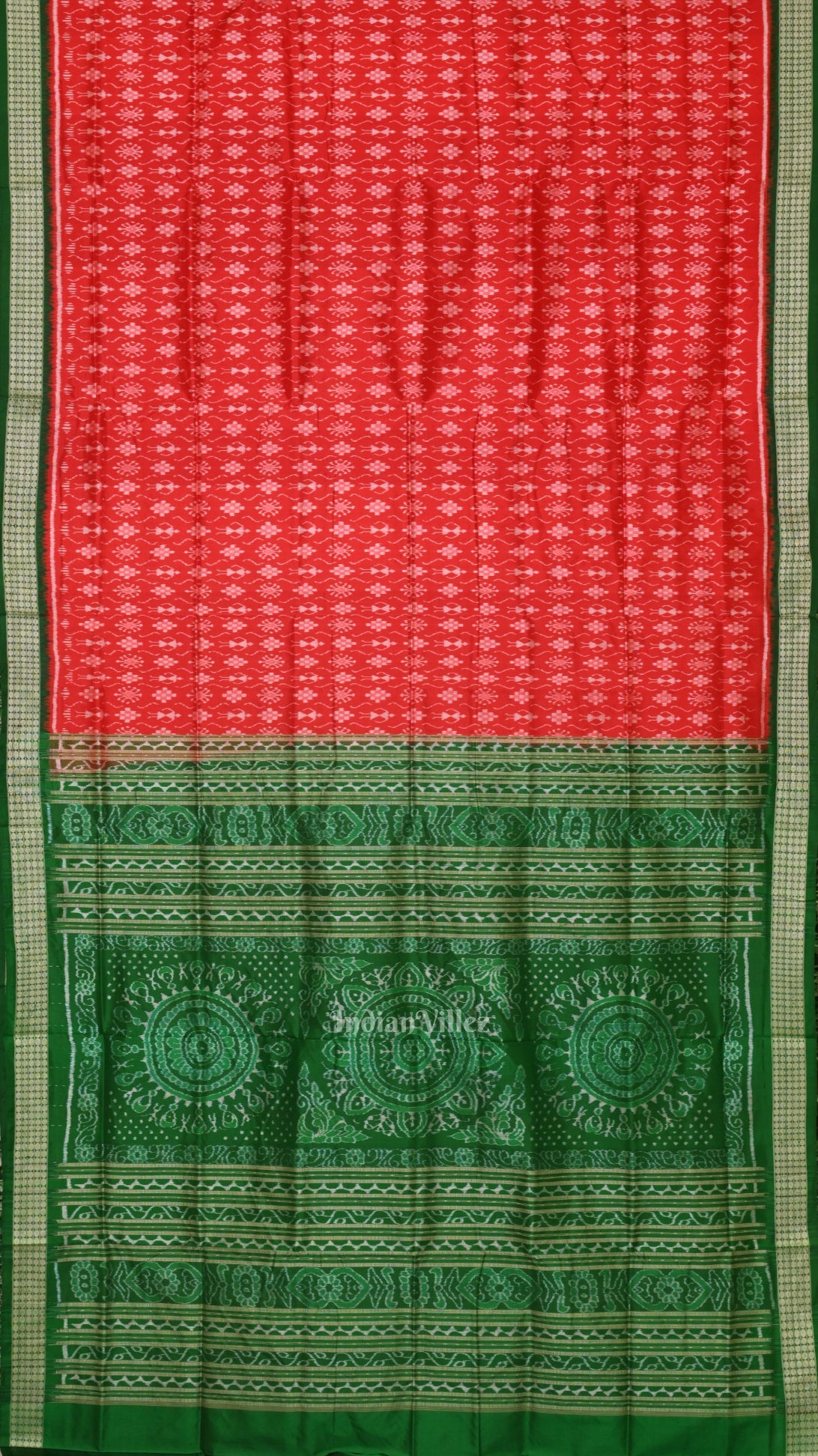 Deep Red Green Tribal Theme Sambalpuri Silk Saree