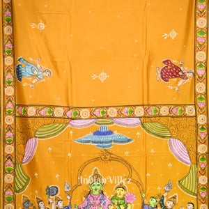 Yellow Ramayana Theme Hand-Painted Pattachitra Saree (Pre Order)