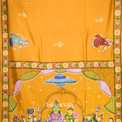 Yellow Ramayana Theme Hand-Painted Pattachitra Saree (Pre Order)