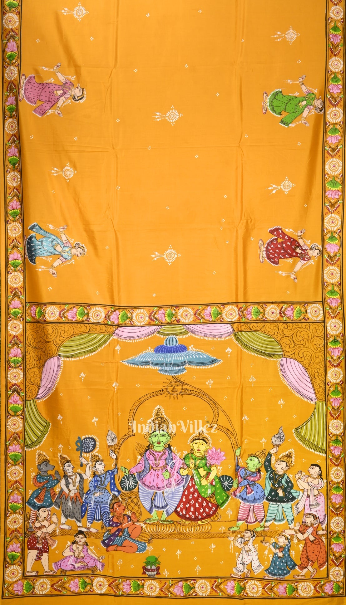 Yellow Ramayana Theme Hand-Painted Pattachitra Saree (Pre Order)