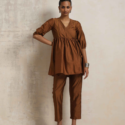 trueBrowns Brown Silk Angrakha Co-ord Set