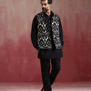 trueBrowns Men's Black Ikat Reversible Nehru Jacket