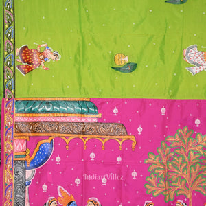 Green Pink Radha Krishna Hand-Painted Pattachitra Saree