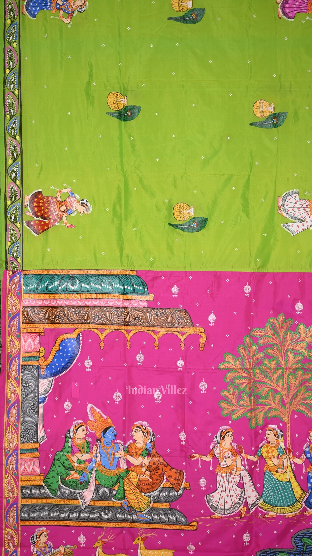 Green Pink Radha Krishna Hand-Painted Pattachitra Saree