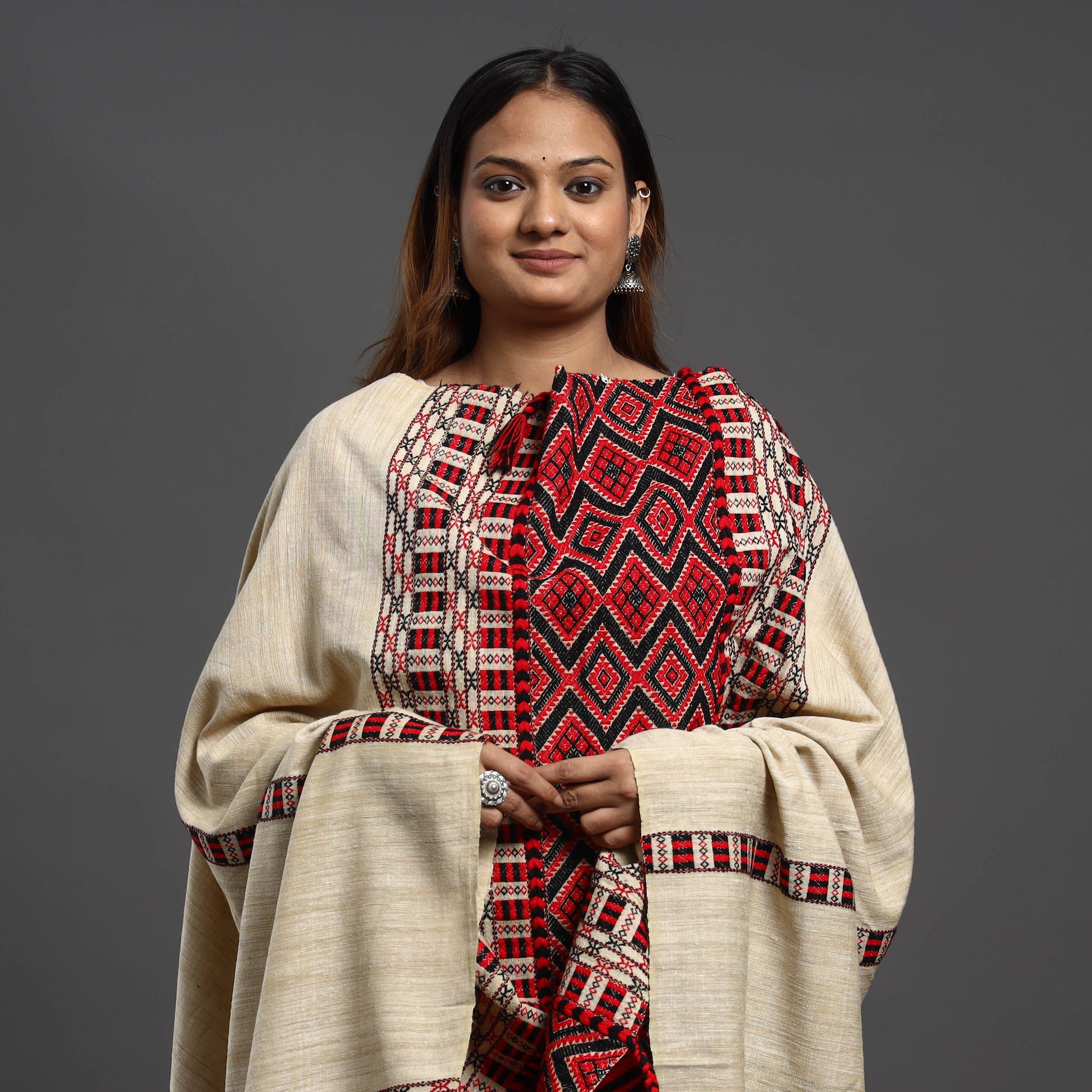 Beige - Assamese Gero Design Mising Eri Silk Handloom Shawl cum Stole
