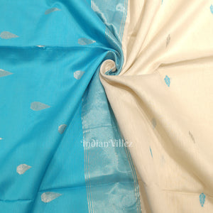 White Surf Blue Pure Silk Cotton Maheshwari Saree