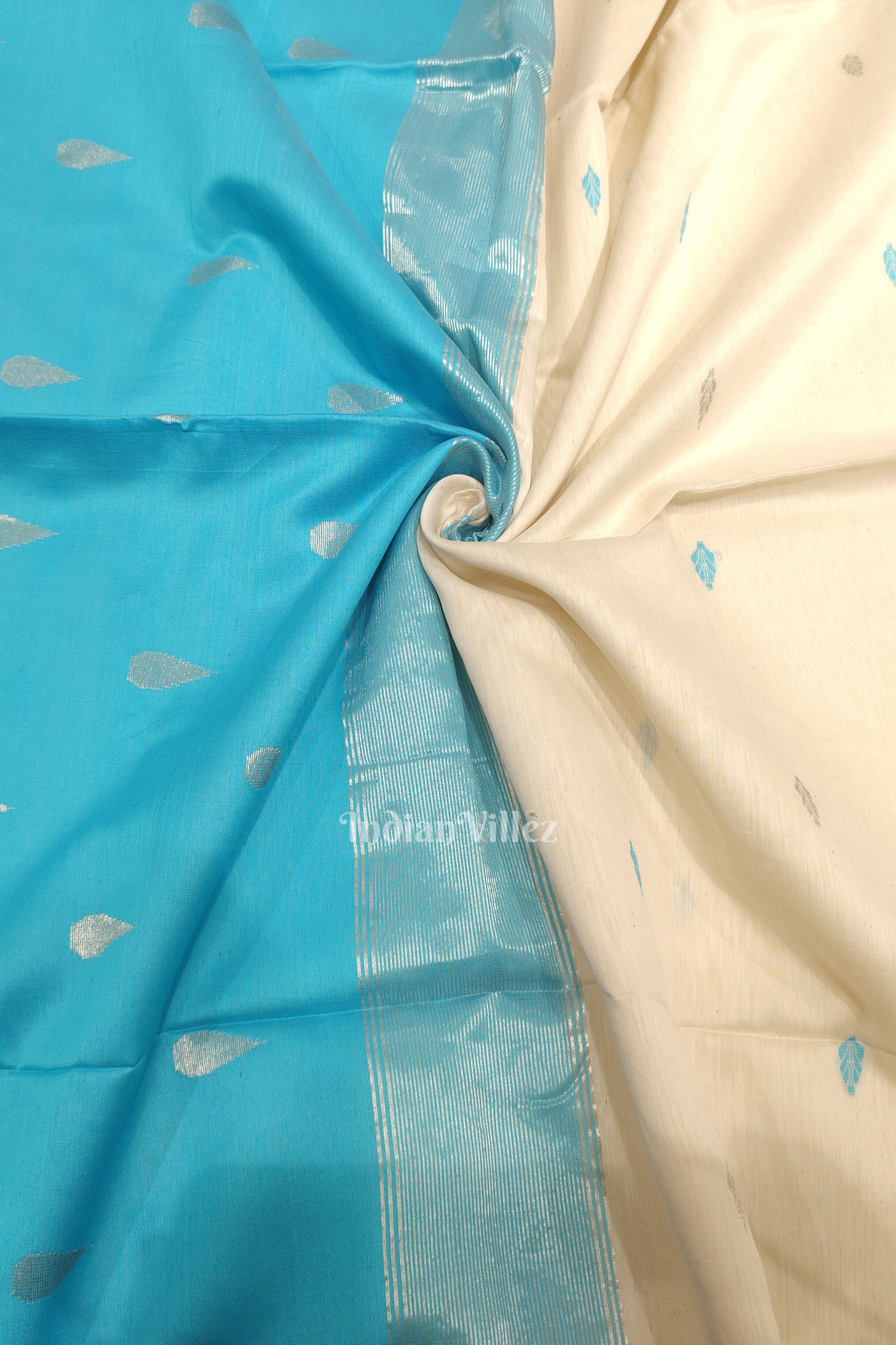 White Surf Blue Pure Silk Cotton Maheshwari Saree