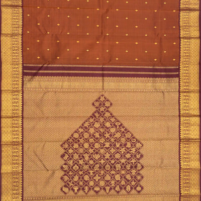 Rustic Brown  Handloom Natural Dyed Silk Saree With 99 Flowers On Pallu