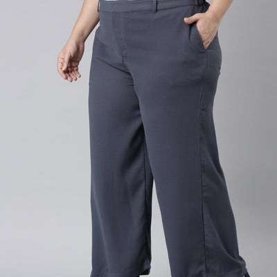 Women Solid Dark Jean Blue High Rise Crepe Wide Pant
