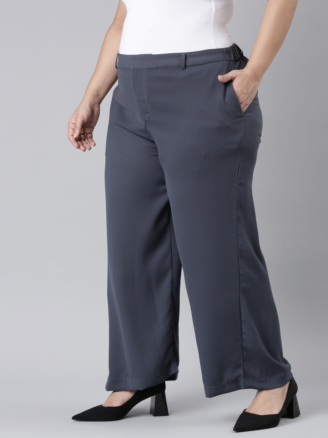 Women Solid Dark Jean Blue High Rise Crepe Wide Pant