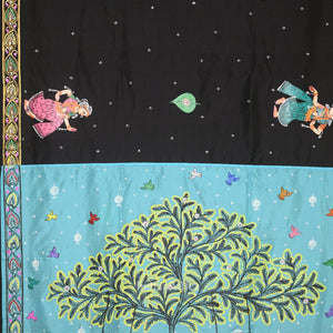 Black Blue  Raja Doli Theme Hand-Painted Pattachitra Saree
