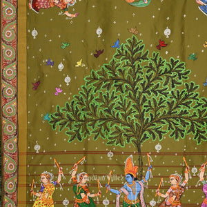 Mehendi Green Krishna Hand-Painted Pattachitra Saree