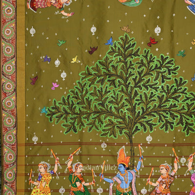 Mehendi Green Krishna Hand-Painted Pattachitra Saree