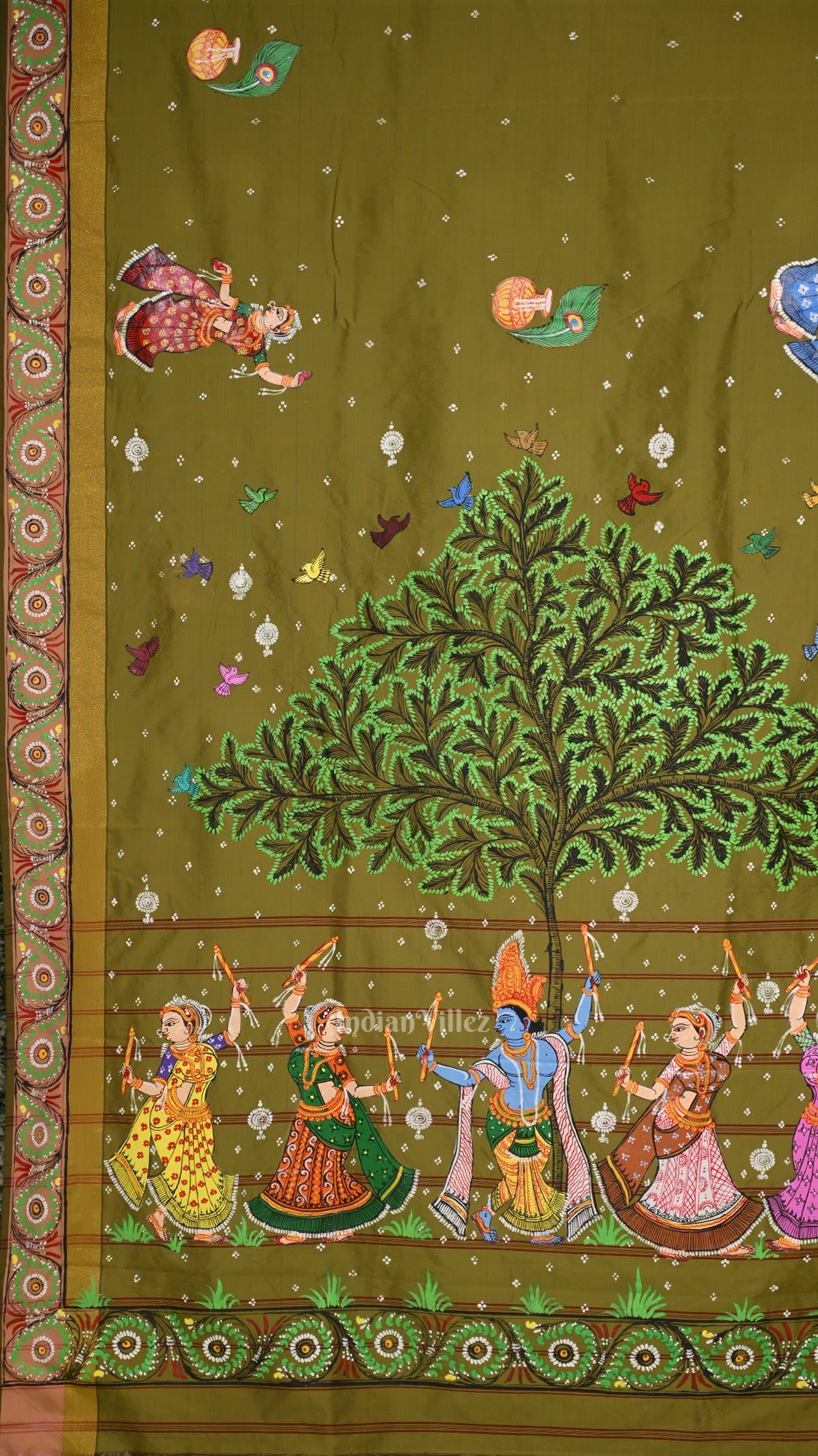 Mehendi Green Krishna Hand-Painted Pattachitra Saree