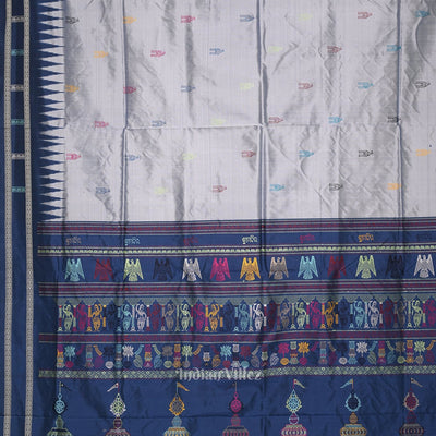 Silver Blue Shree Mandir Theme Bomkai Sambalpuri Ikat Silk Saree