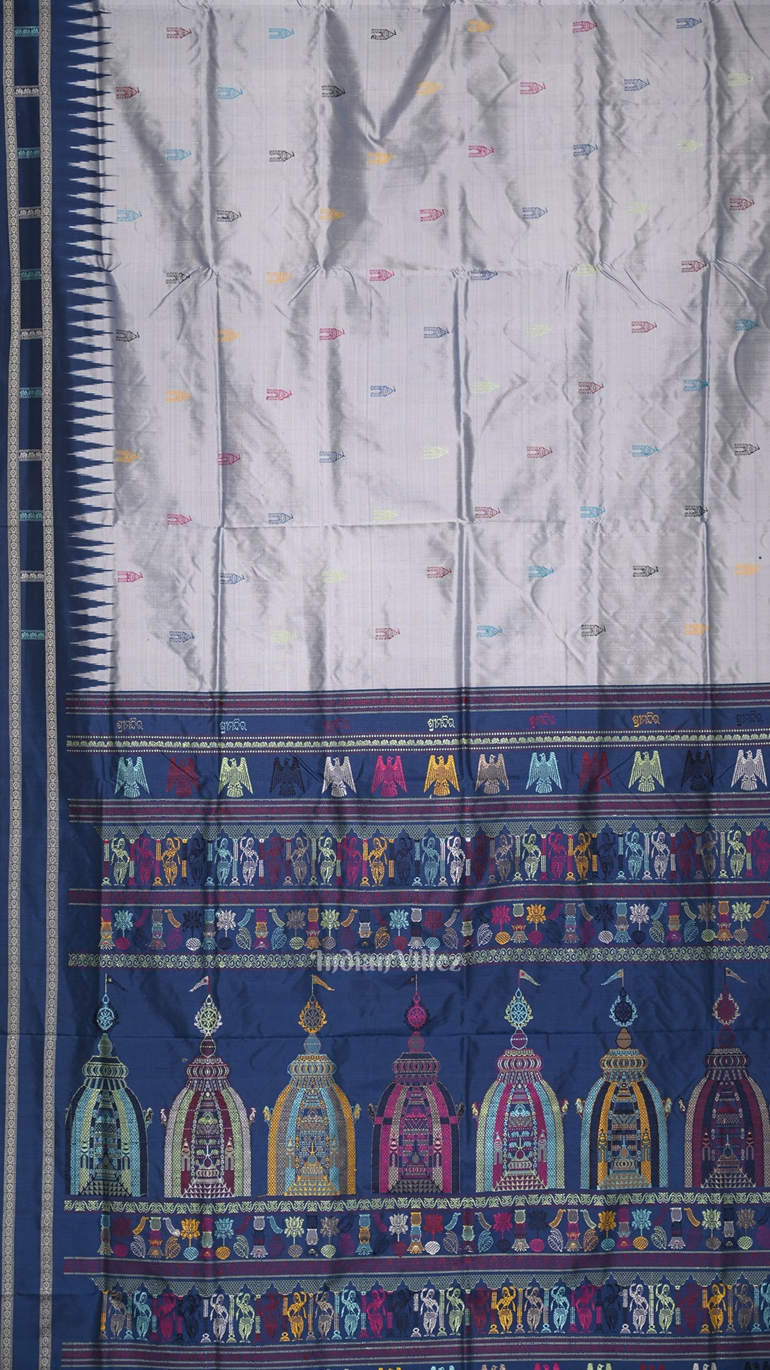 Silver Blue Shree Mandir Theme Bomkai Sambalpuri Ikat Silk Saree