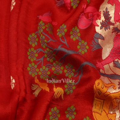 Deep Red Shikargah Theme Tussar Banarasi Handloom Silk Saree