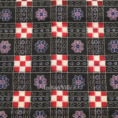 Black with MultiColor Pasapali Theme Sambalpuri Ikat Cotton Fabric
