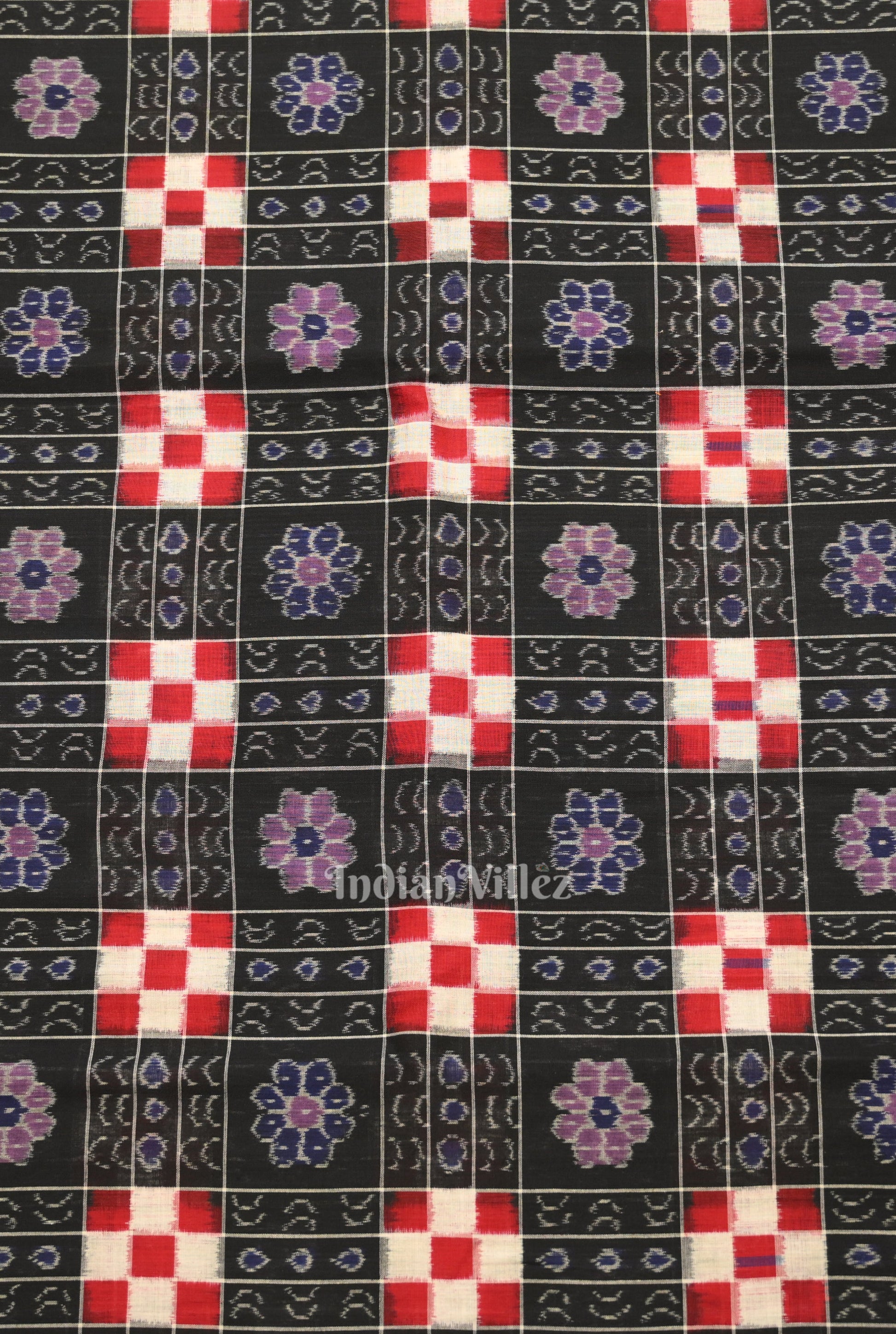 Black with MultiColor Pasapali Theme Sambalpuri Ikat Cotton Fabric