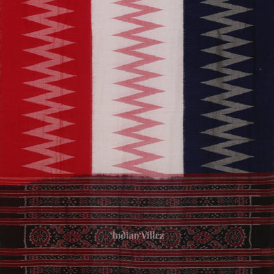 White Red  Blue Maniabandha Cotton Saree