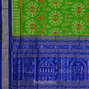 Parrot Green with Peacock Blue Odisha Ikat Sambalpuri Silk Saree