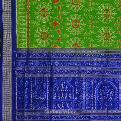 Parrot Green with Peacock Blue Odisha Ikat Sambalpuri Silk Saree
