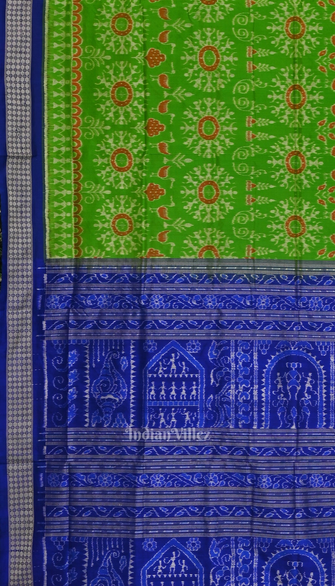 Parrot Green with Peacock Blue Odisha Ikat Sambalpuri Silk Saree