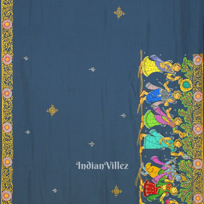 Peacock Blue Radha Krishna Boita Hand-Painted Pattachitra Saree
