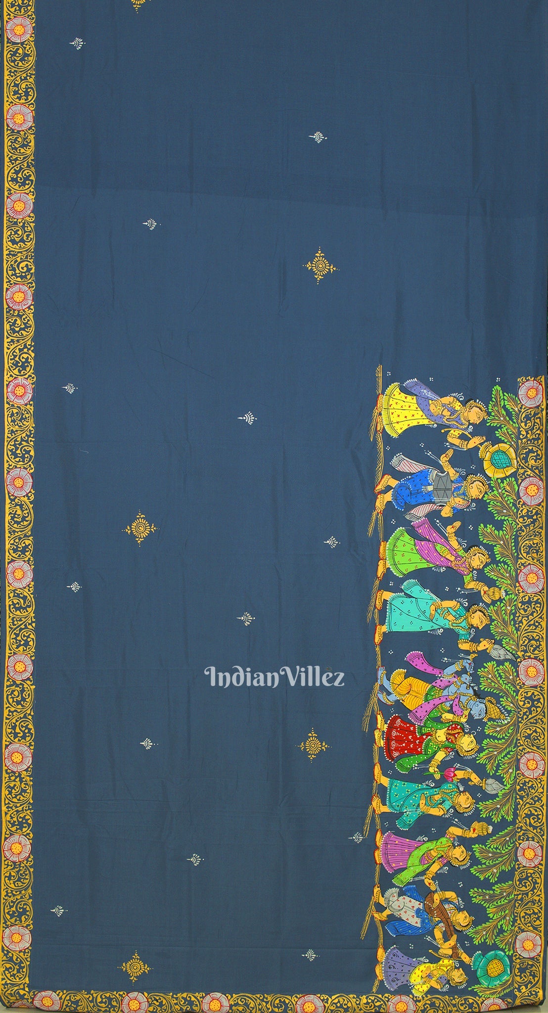 Peacock Blue Radha Krishna Boita Hand-Painted Pattachitra Saree