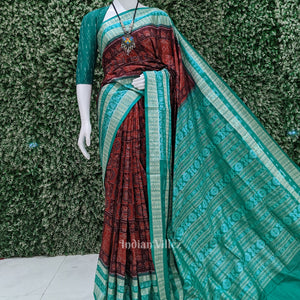Wine Pine Green Lotus & Kalas Sambalpuri Silk Saree with Fish Motif in Border