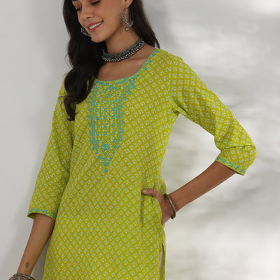 Green Printed Cotton Straight Kurta