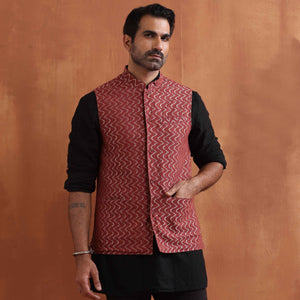 trueBrowns Men's Rust Cotton Dobby Nehru Jacket