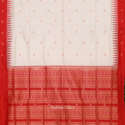 Pure White Red Buti pattern Bomkai Sambalpuri Silk Saree