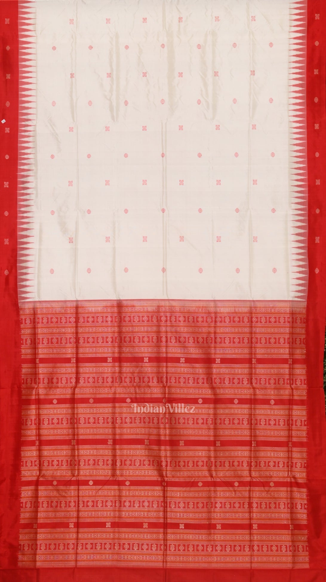 Pure White Red Buti pattern Bomkai Sambalpuri Silk Saree