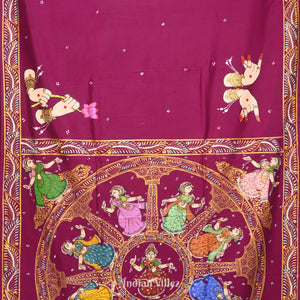 Maroon Chandua Theme Hand-Painted Pattachitra Saree