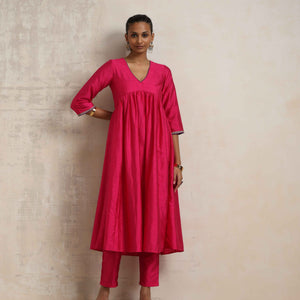 trueBrowns Pink Silk Anarkali Kurta Pant Dupatta Set