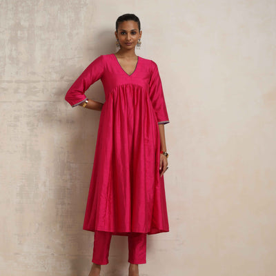 trueBrowns Pink Silk Anarkali Kurta Pant Dupatta Set