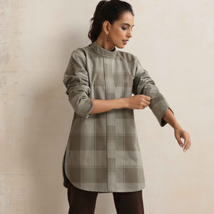 trueBrowns Green Check High Neck Short Kurta