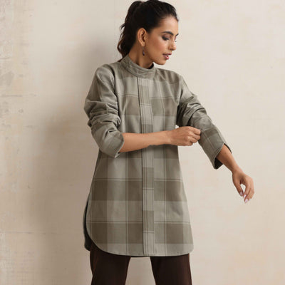 trueBrowns Green Check High Neck Short Kurta