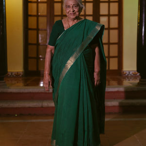 Dark Green Handloom Mangalagiri Cotton Saree With Zari Border