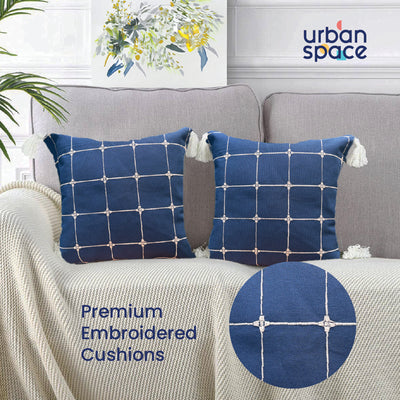 Embroidered Cotton Cushion Cover, for Sofa, Bedroom, Living Room - Set of 2 - Aura Checks Indigo
