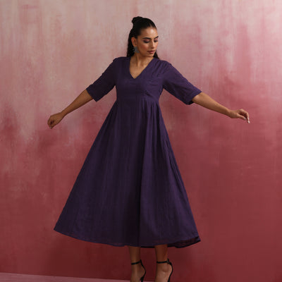 trueBrowns Purple Cotton Dobby Dress
