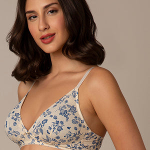 Trendy Plunge Padded Non-Wired Cotton Bra - Floral Print